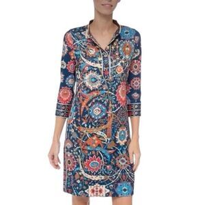 Gretchen Scott Jersey Mandarin Dress Magic Carpet Navy Multi print Stretch XS
